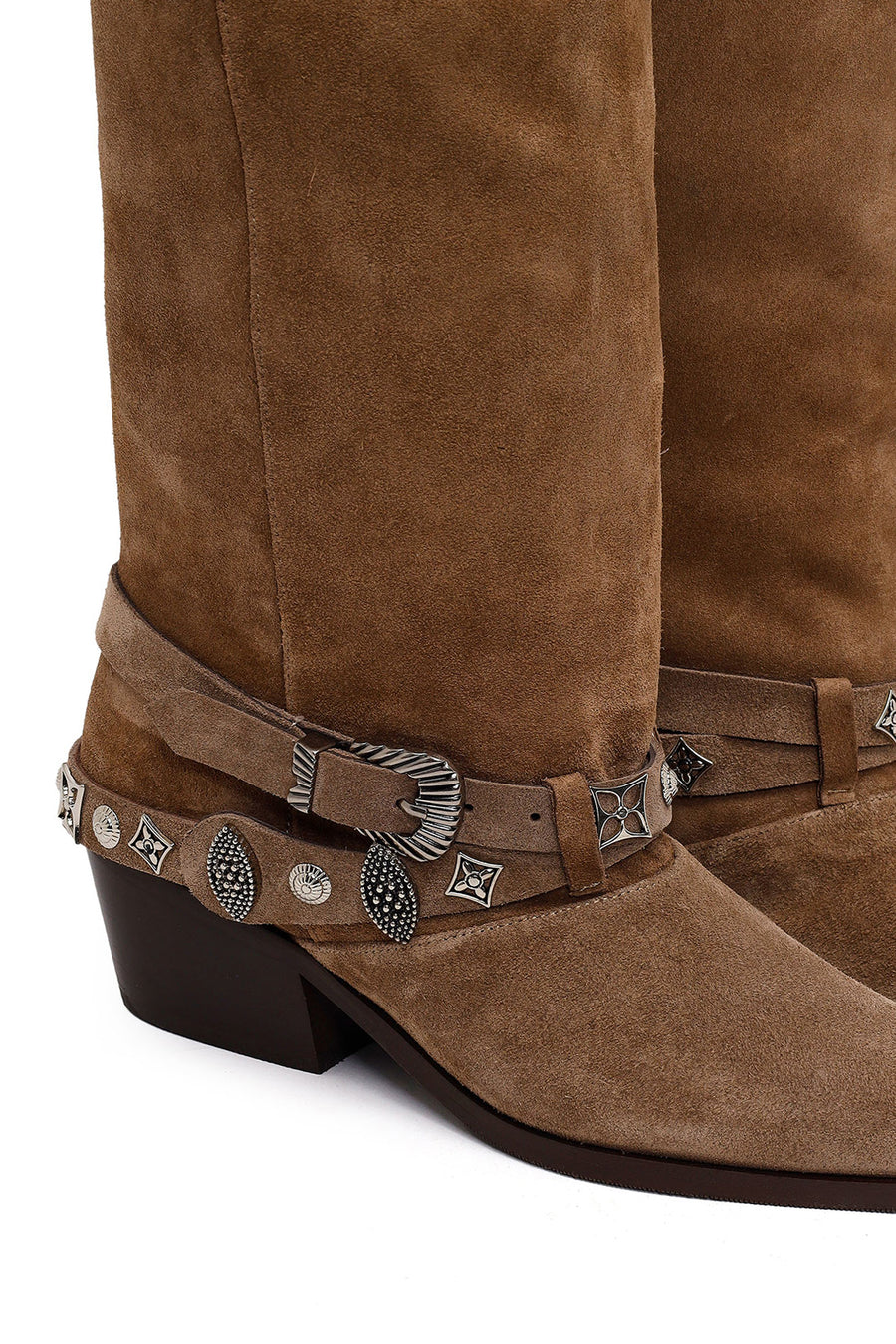 Woman Beige Thick-Heeled Suede Cowboy Boots