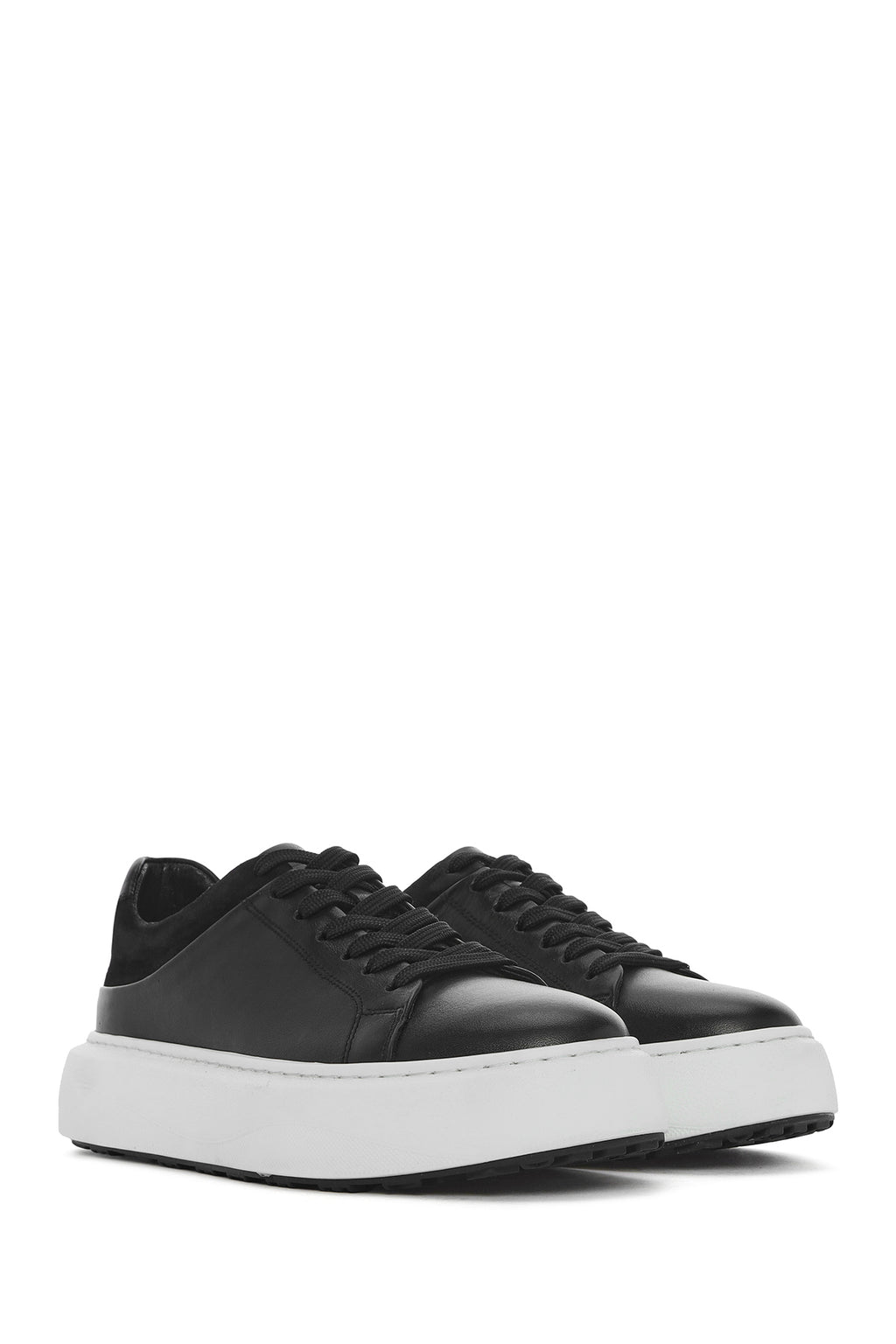 Erkek Siyah Bağcıklı Kalın Tabanlı Deri Sneaker