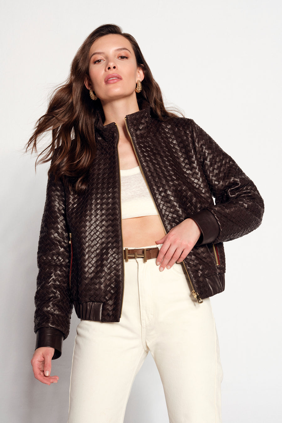 Della Woman Brown Woven-Pattern Short Leather Jacket 26SGD5643AL | Derimod