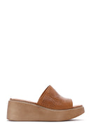 Women's Tan Wedge Heeled Leather Comfort Slippers | Derimod