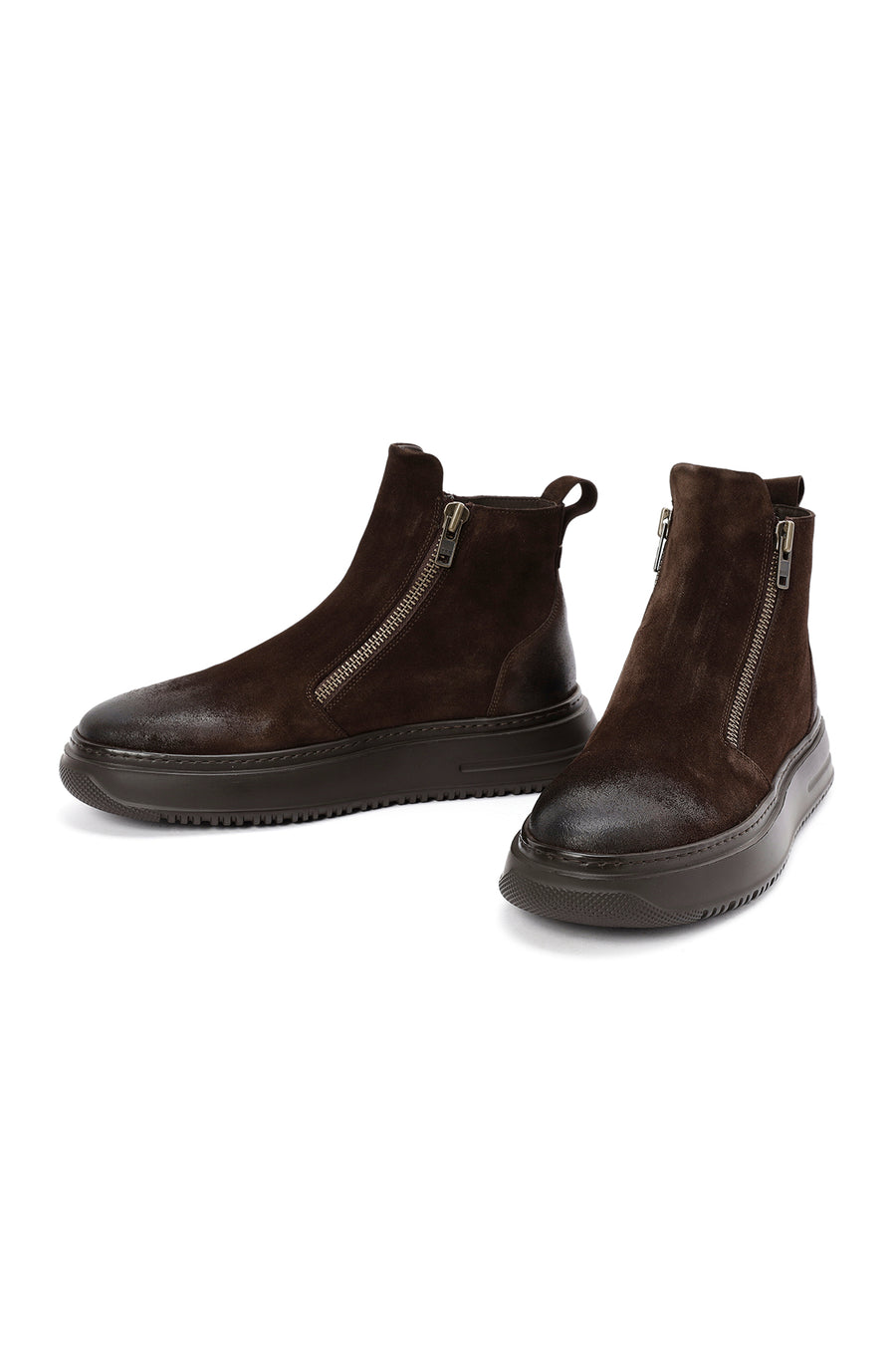 Men's Brown Double Zipper Suede Leather Casual Boots