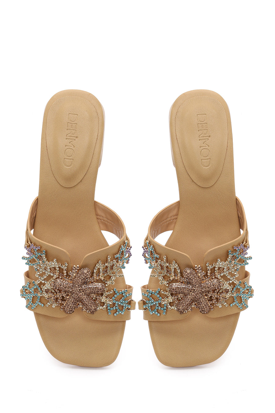 Woman Beige Embellished Thick Low Block-Heel Slipper