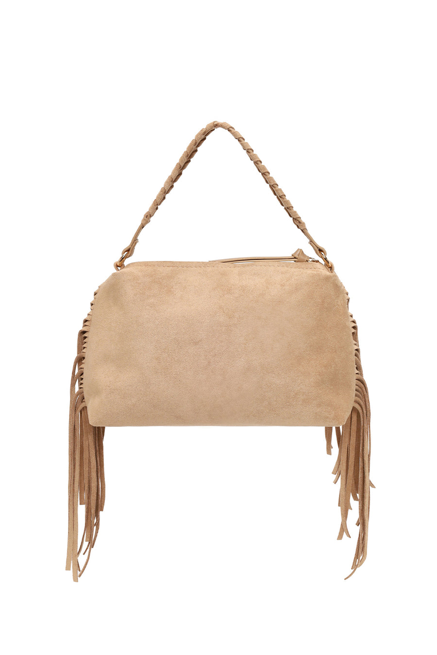 Woman Beige Suede Shoulder Bag with Long Chain Strap and Tassel