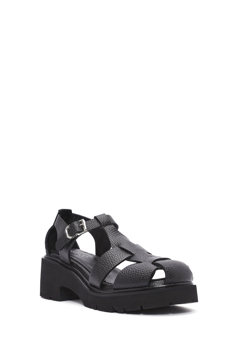 Women's Black Ankle Strap Thick Heel Leather Sandals