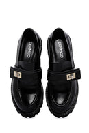 Women's Black Leather Thick Soled Patent Leather Casual Loafer | Derimod