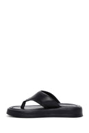 Women's Black Flip-Flop Leather Comfort Slippers | Derimod