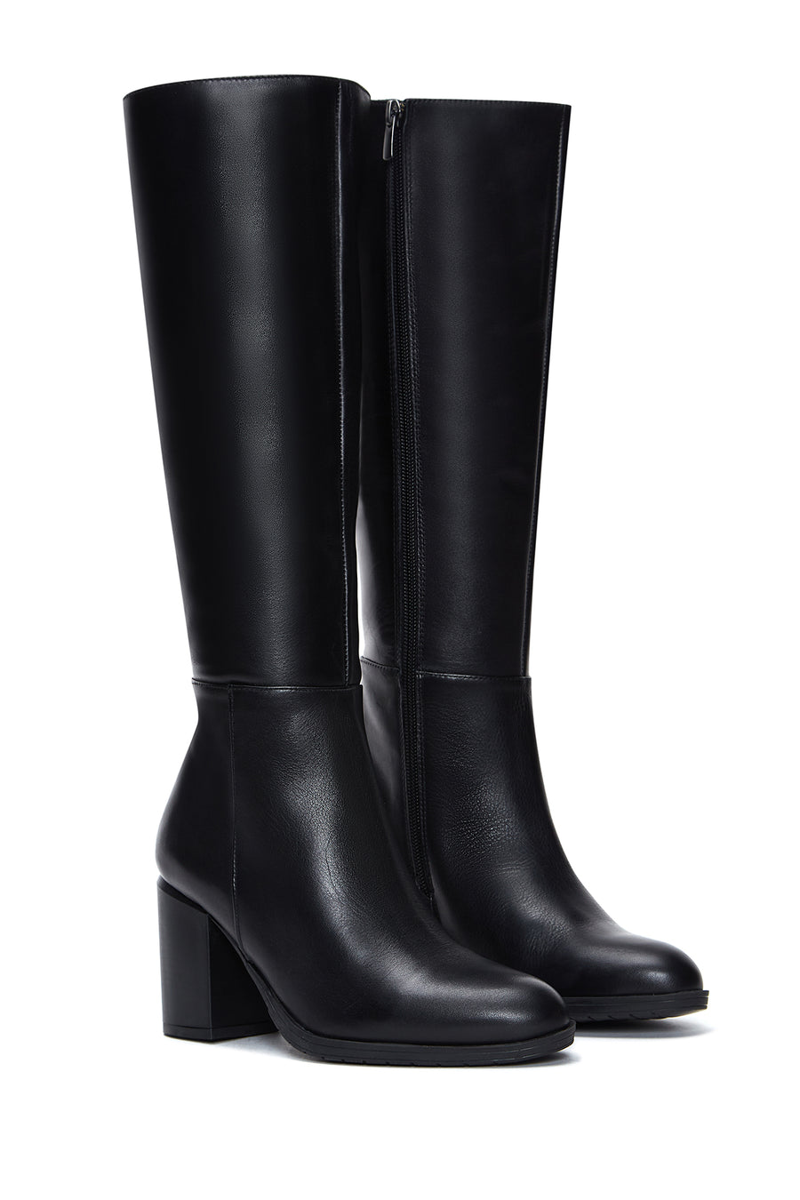 Women's Black Zippered Thick Heel Leather Boots