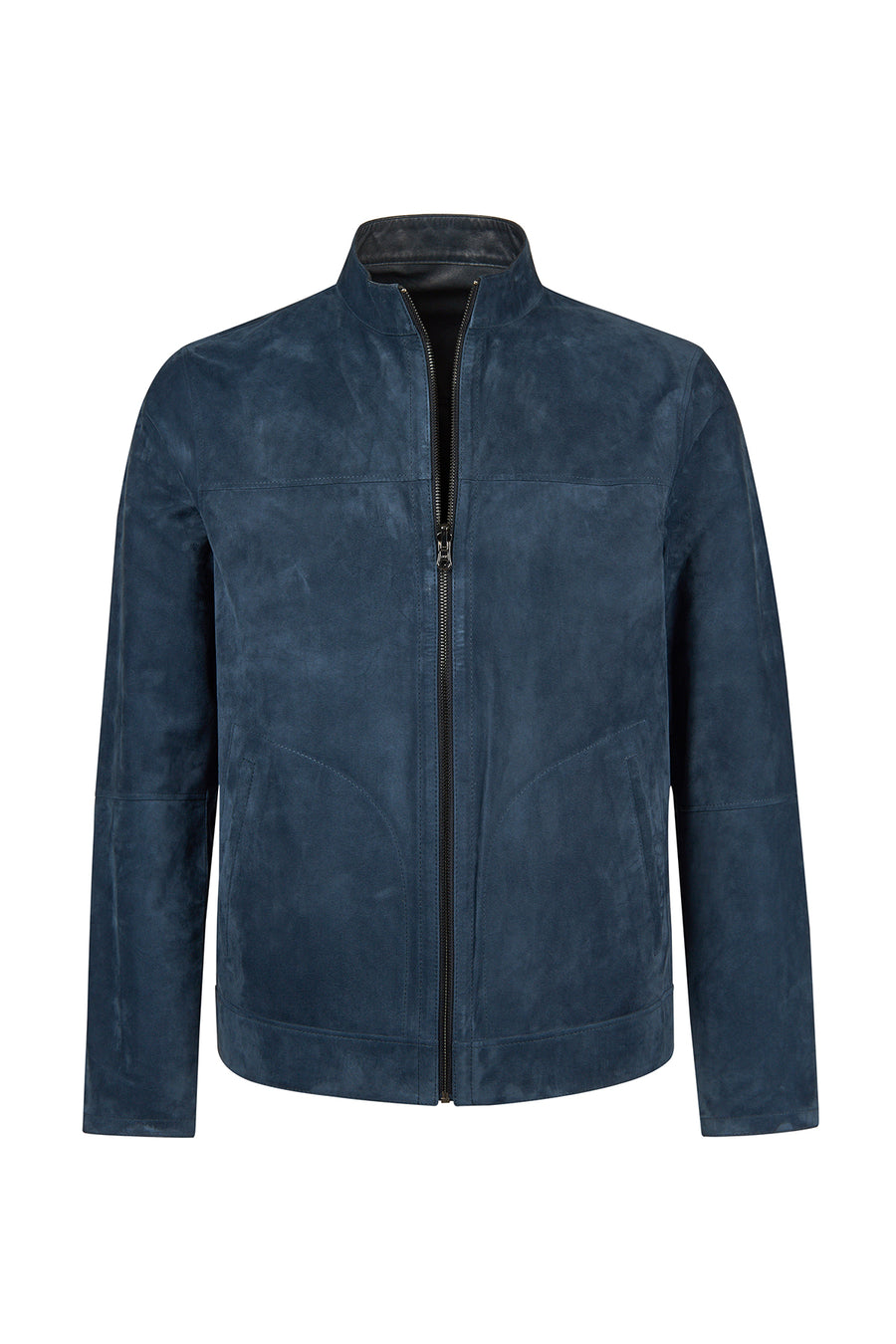 Clint Male Navy Mandarin Collar Reversible Suede Leather Jacket