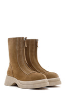 Women's Tan Suede Leather Zippered Thick Soled Casual Boots | Derimod