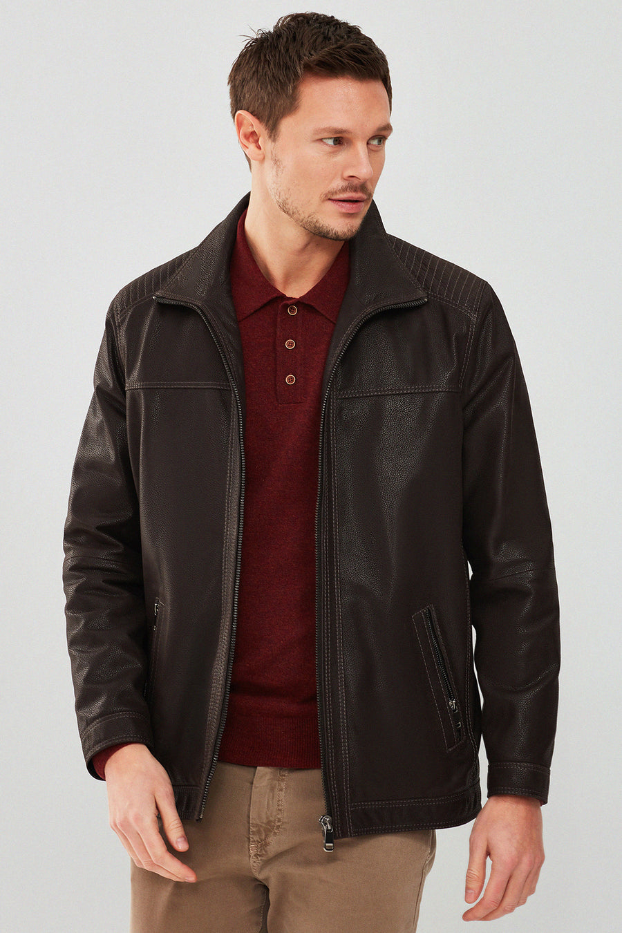 Roberto Men's Brown Double Collar Leather Jacket