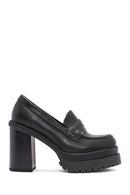 Women's Black Thick Heeled Leather Masculine Loafer | Derimod