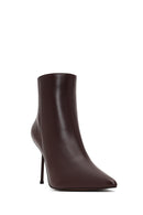 Women's Burgundy Zippered Thin Heeled Leather Boot | Derimod