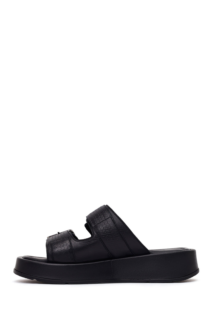 Woman Black Double-Buckle Thick-Soled Leather Comfort Slippers