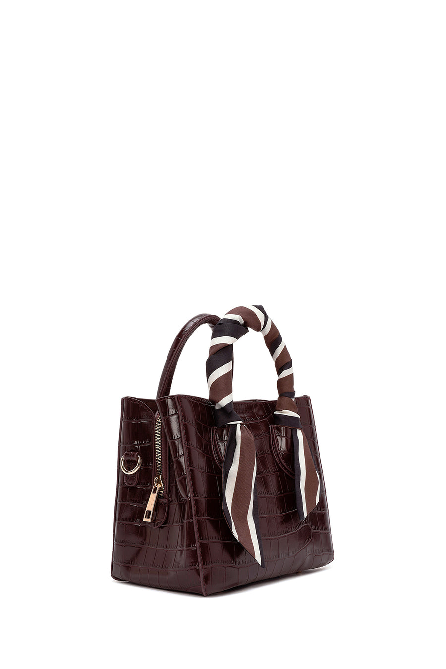 Women's Burgundy Accessory Detailed Long Strap Crocodile Patterned Handbag