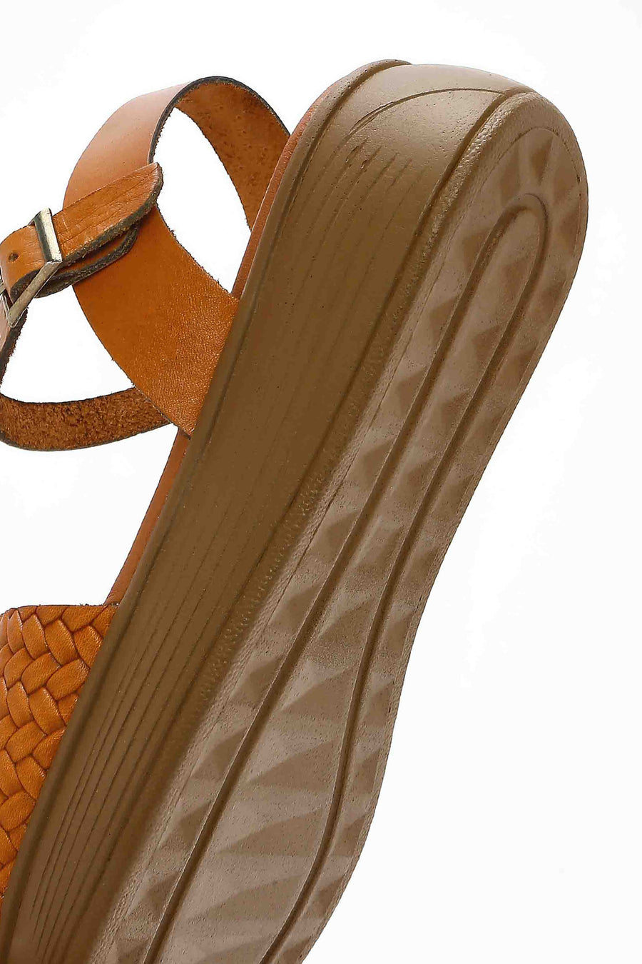 Kadın Taba Bilekten Bağlamalı Örgülü Kalın Tabanlı Deri Sandalet