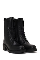 Woman Black Zip Closure Lace-Up Chunky-Heeled Leather Combat Boots | Derimod