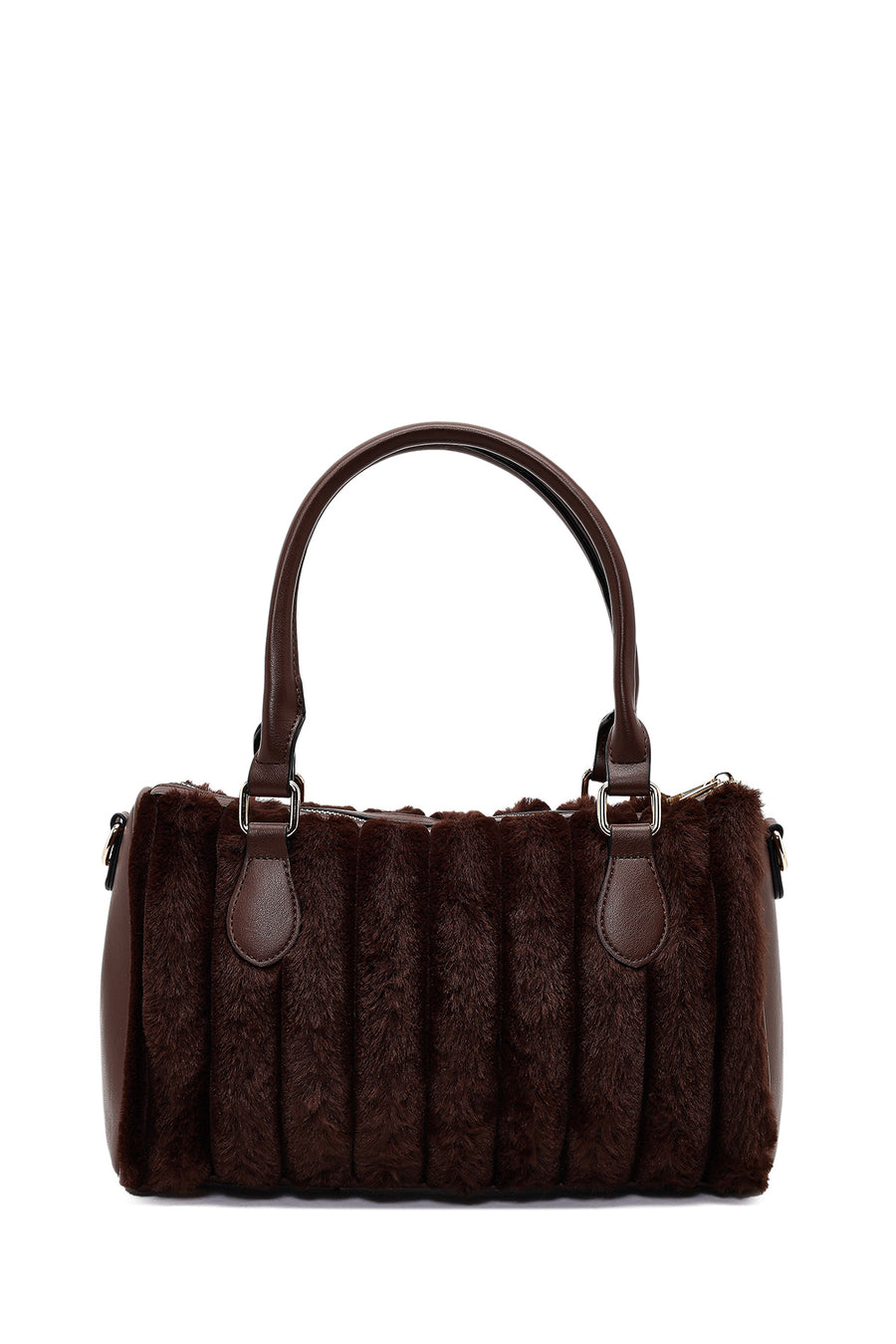 Woman Brown Long-Strap Accessorized Plush Shoulder Bag