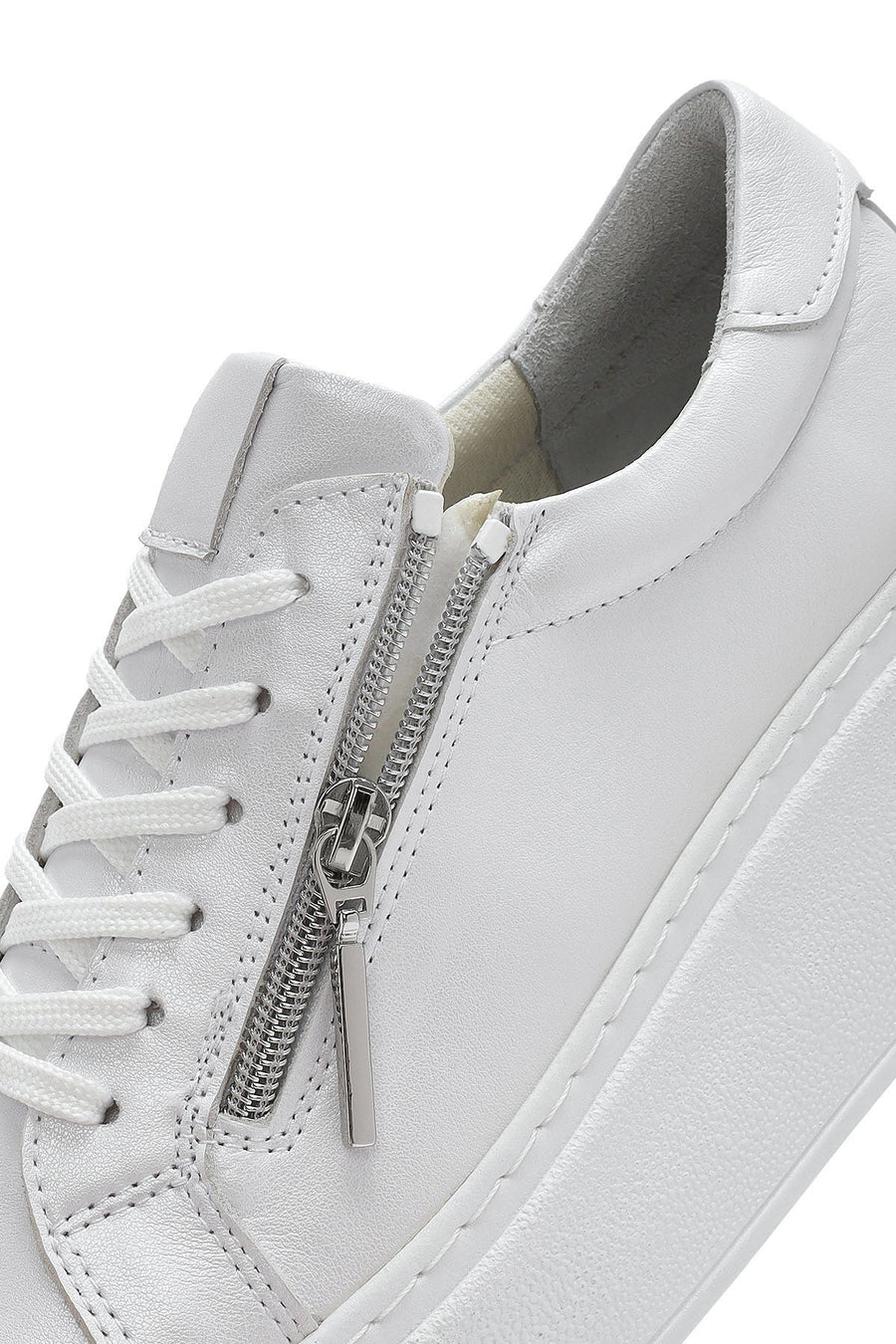 Kadın Beyaz Kalın Tabanlı Yandan Fermuarlı Bağcıklı Deri Sneaker