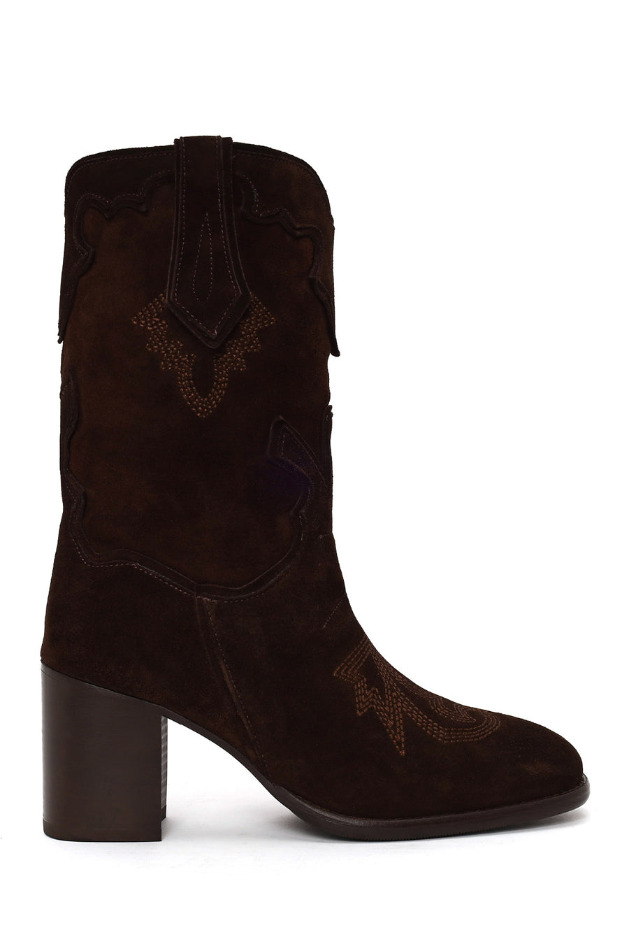 Woman Brown Thick-Heeled Patterned Suede Cowboy Boots AF190072DS | Derimod