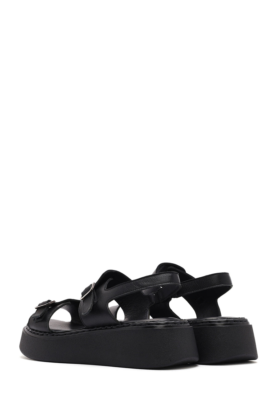Women's Black Buckle Thick-Soled Leather Comfort Sandals