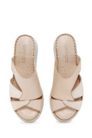 Women's Beige Leather Wedge Heel Comfort Slippers | Derimod