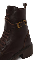 Woman Brown Zip Closure Thick-Heeled Leather Combat Boots | Derimod