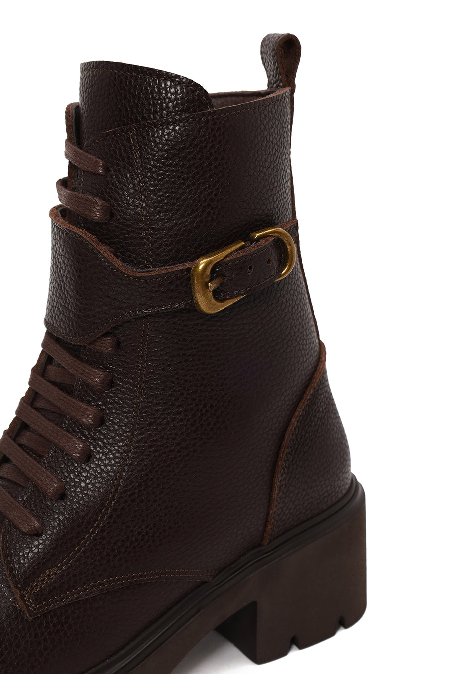 Woman Brown Zip Closure Thick-Heeled Leather Combat Boots