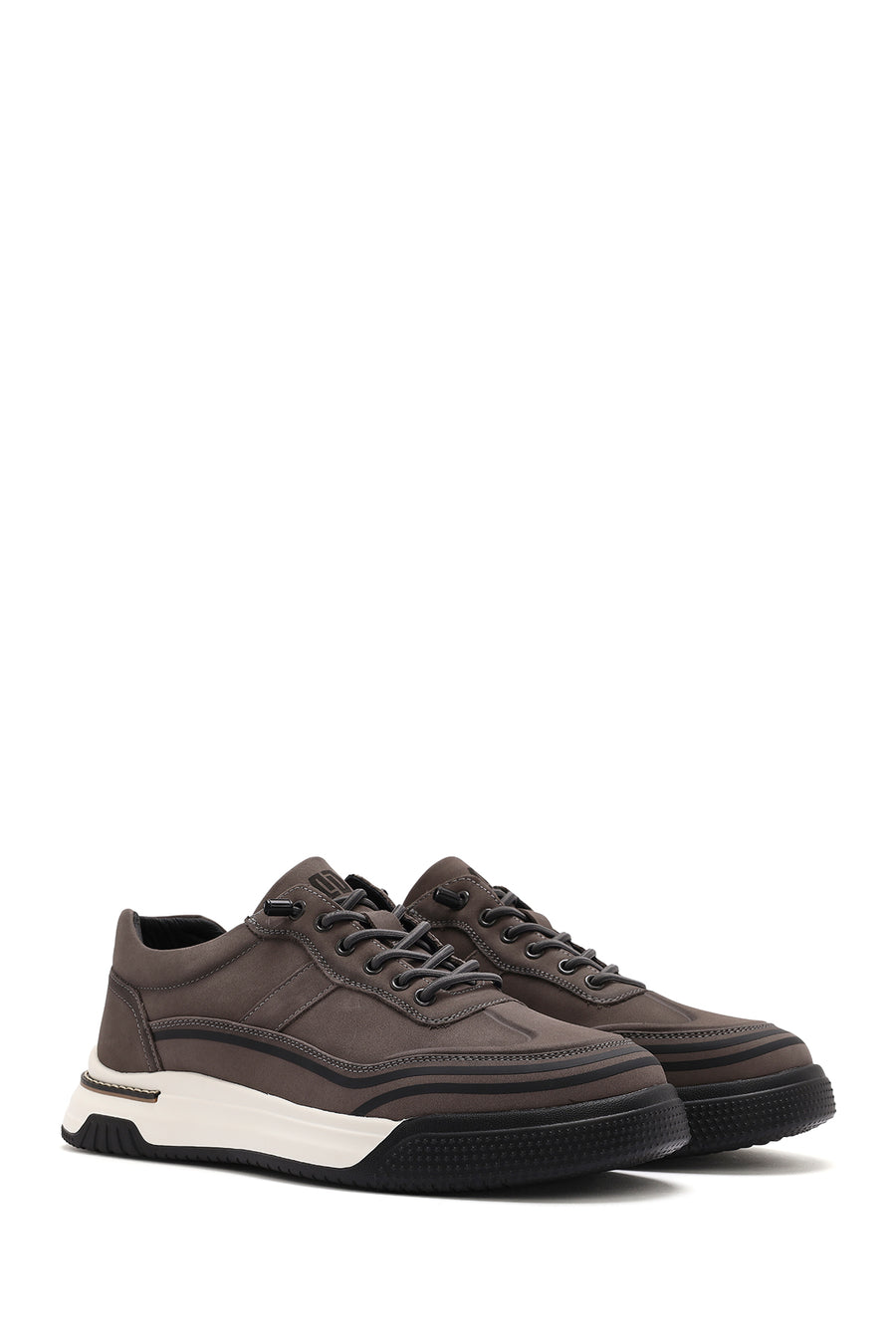 Men's Grey Lace-Up Thick-Soled Nubuck Leather Sneakers