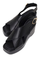 Woman Black Back Buckle Wedge Heel Leather Sandals | Derimod