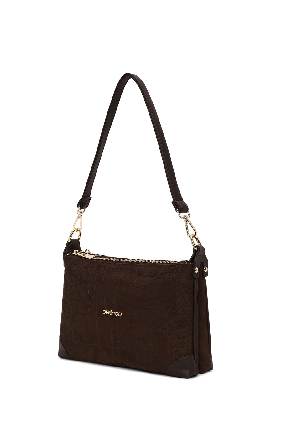 Woman Brown Printed Long-Strap Suede Shoulder Bag
