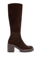 Women's Brown Zippered Chunky Heel Suede Leather Boots | Derimod