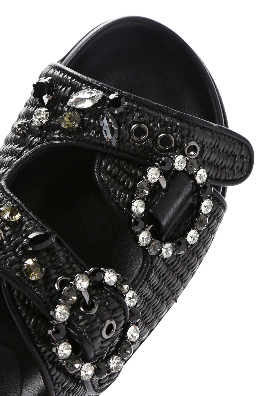 Women's Black Straw Stone Slippers