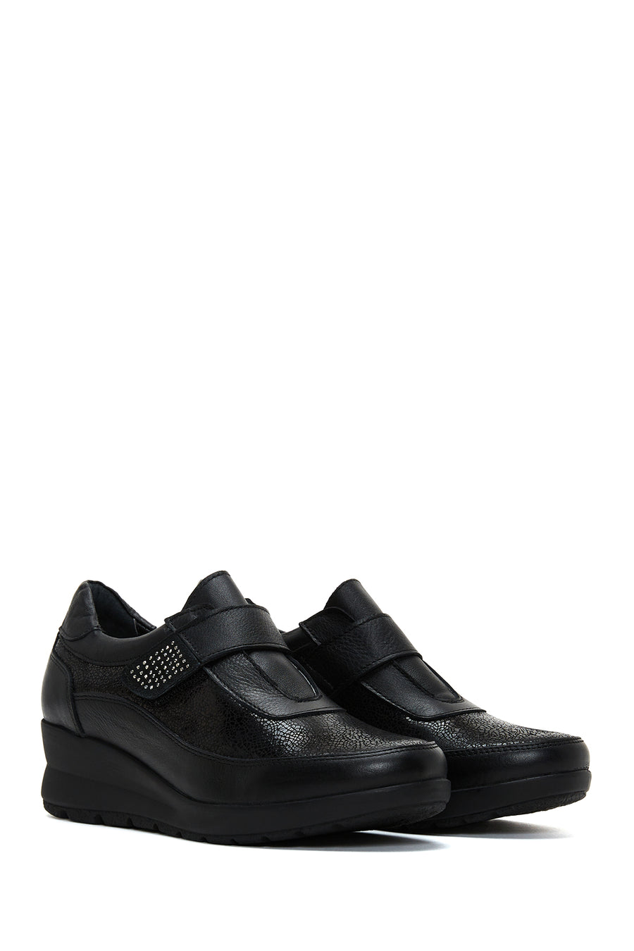 Women's Black Leather Wedge Heeled Comfort Shoes
