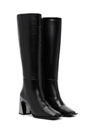 Women's Black Zippered High Heel Leather Boots | Derimod