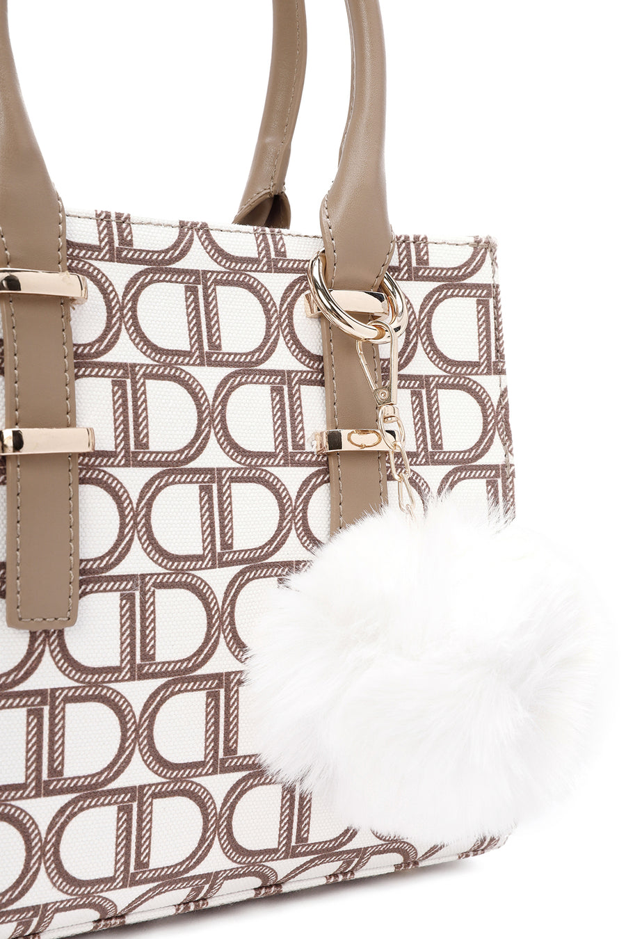 Kadın Bej Uzun Askılı Kumaş Monogram Desenli Kol Çantası