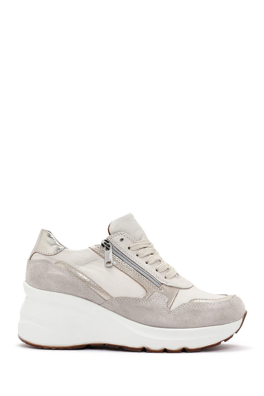 Women's Beige Lace-Up Zipper Detail Wedge Heel Leather Sneakers 24WFD370814 | Derimod