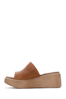 Women's Tan Wedge Heeled Leather Comfort Slippers | Derimod