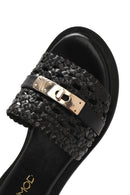 Women's Black Knit Leather Slippers | Derimod