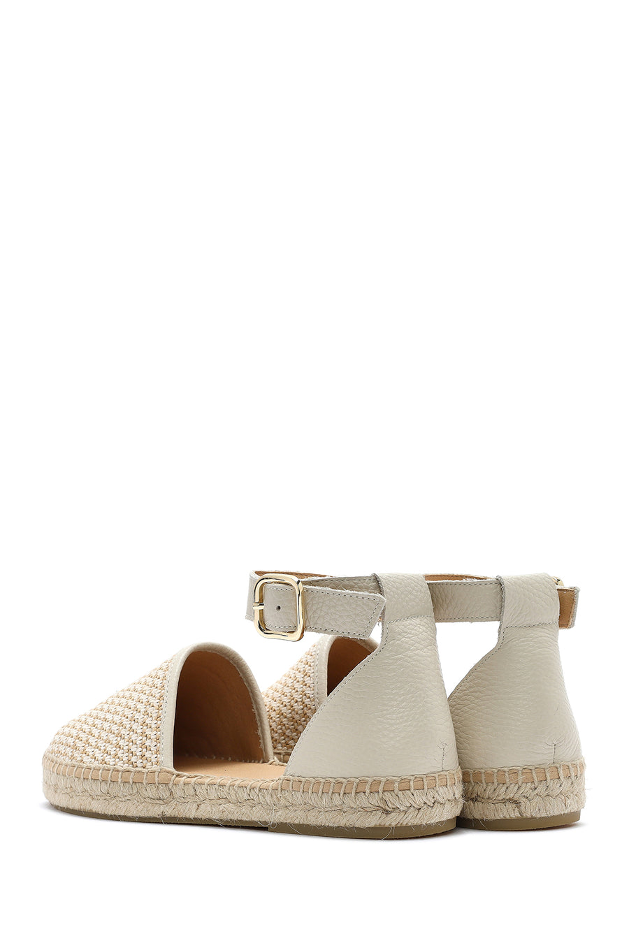 Women's Beige Buckle Ankle Straw Leather Espadrille Sandals