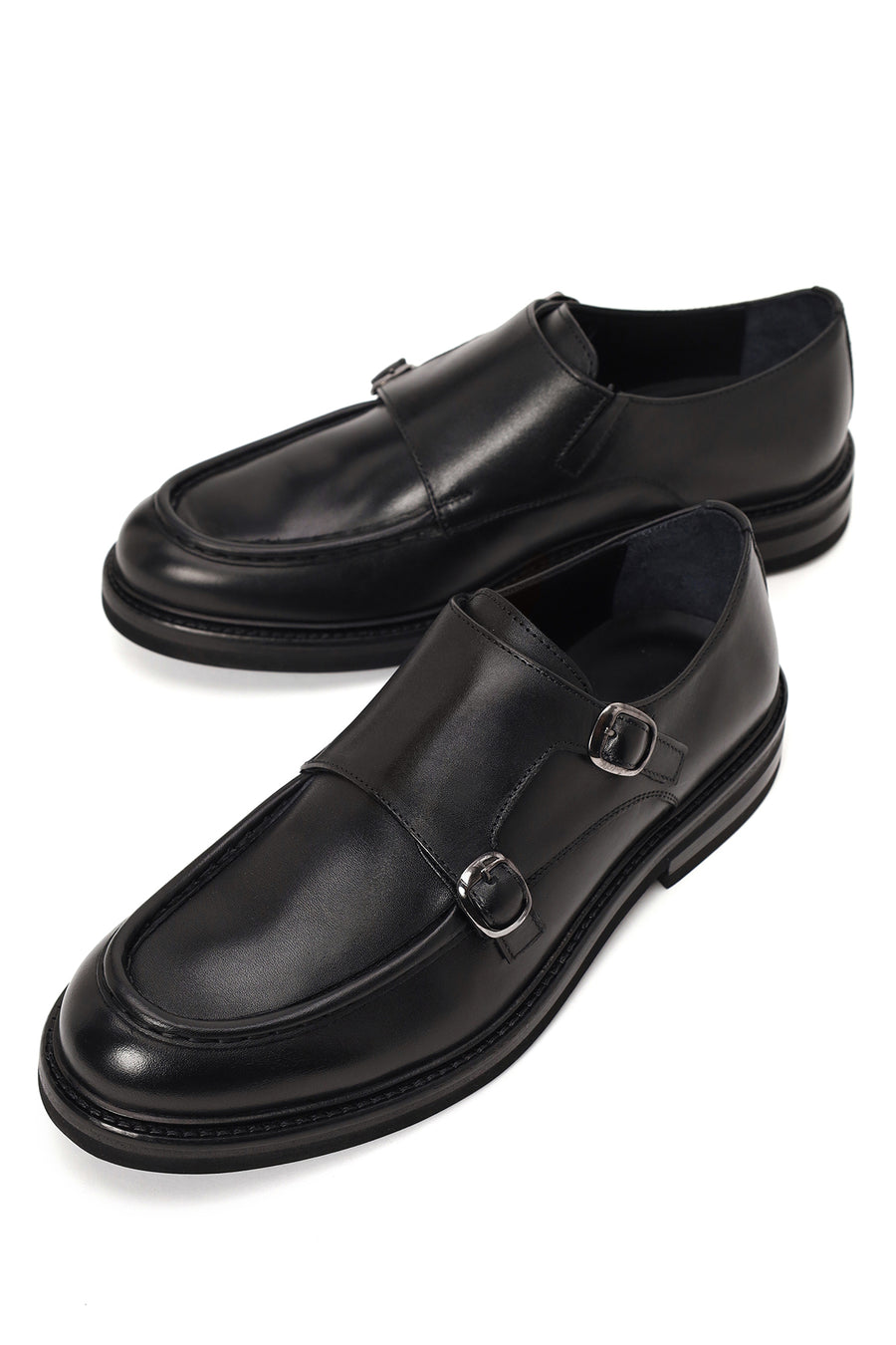Male Black Double-Buckle Leather Casual Shoes