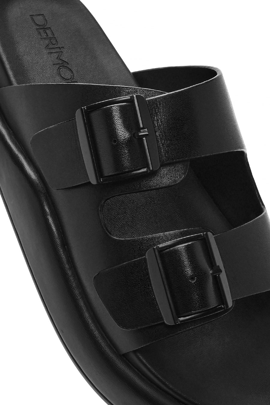 Men's Black Buckled Leather Slippers