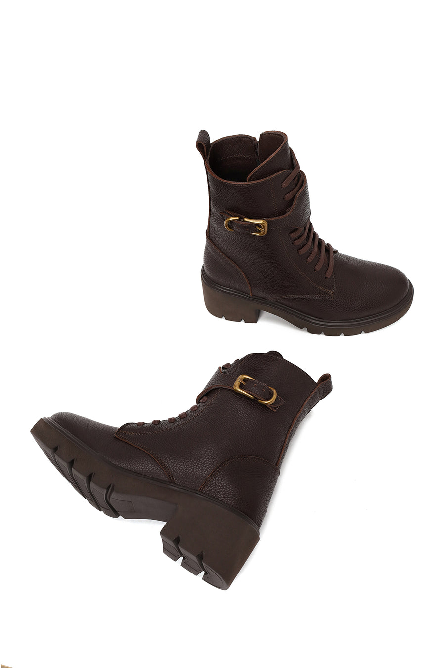 Woman Brown Zip Closure Thick-Heeled Leather Combat Boots