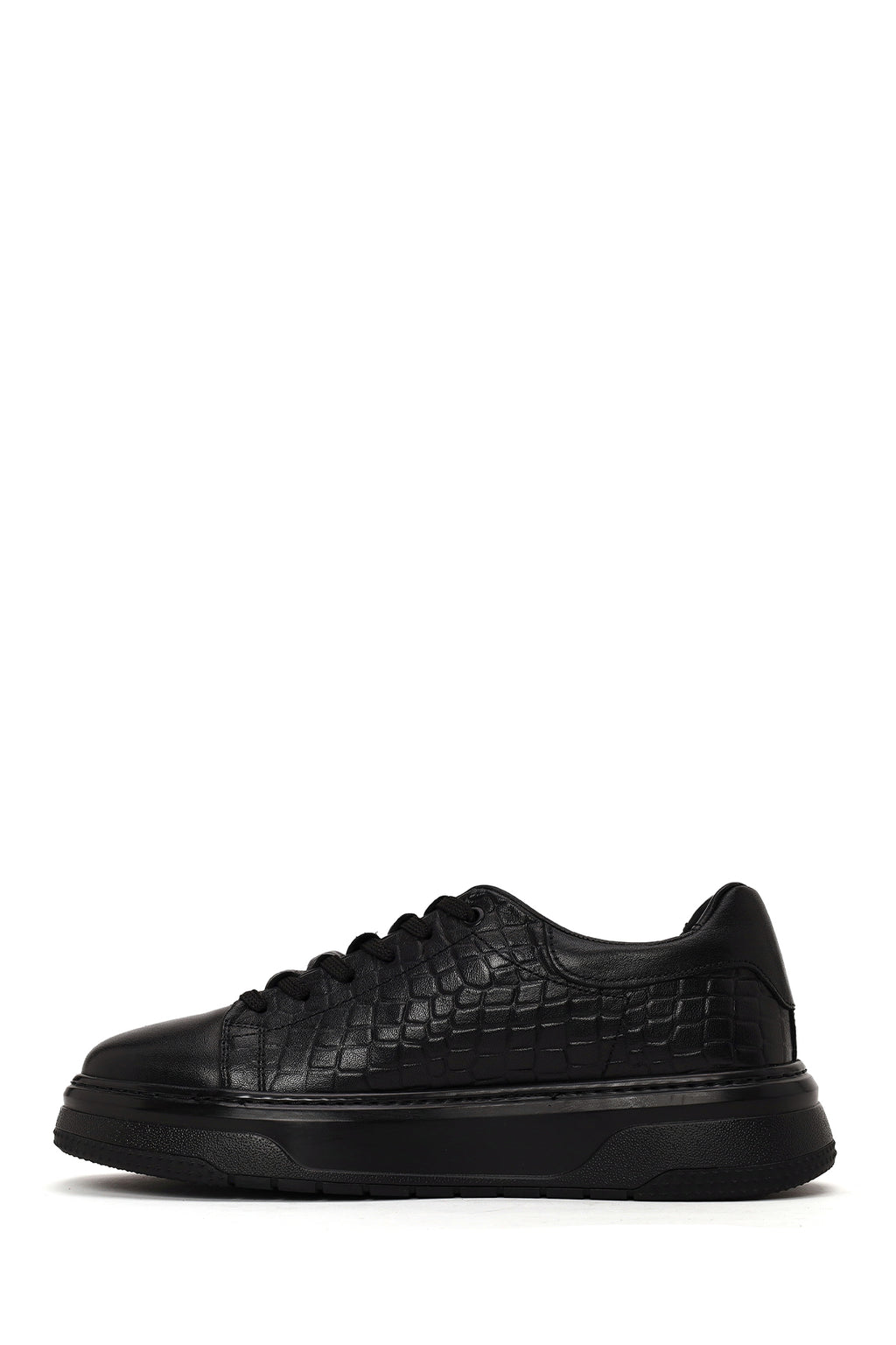 Erkek Siyah Bağcıklı Kalın Tabanlı Kroko Desenli Deri Sneaker
