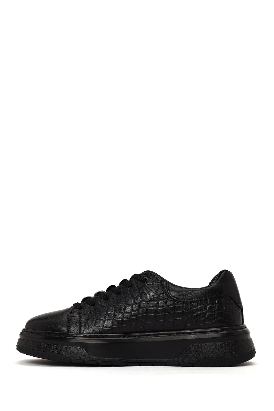 Erkek Siyah Bağcıklı Kalın Tabanlı Kroko Desenli Deri Sneaker