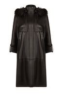 Adele Woman Black A-Line Hooded Fur Collar Leather Overcoat | Derimod