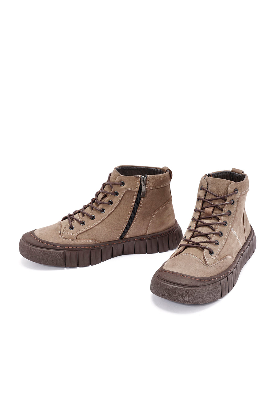 Men's Beige Zippered Lace-Up Nubuck Ankle Leather Boots