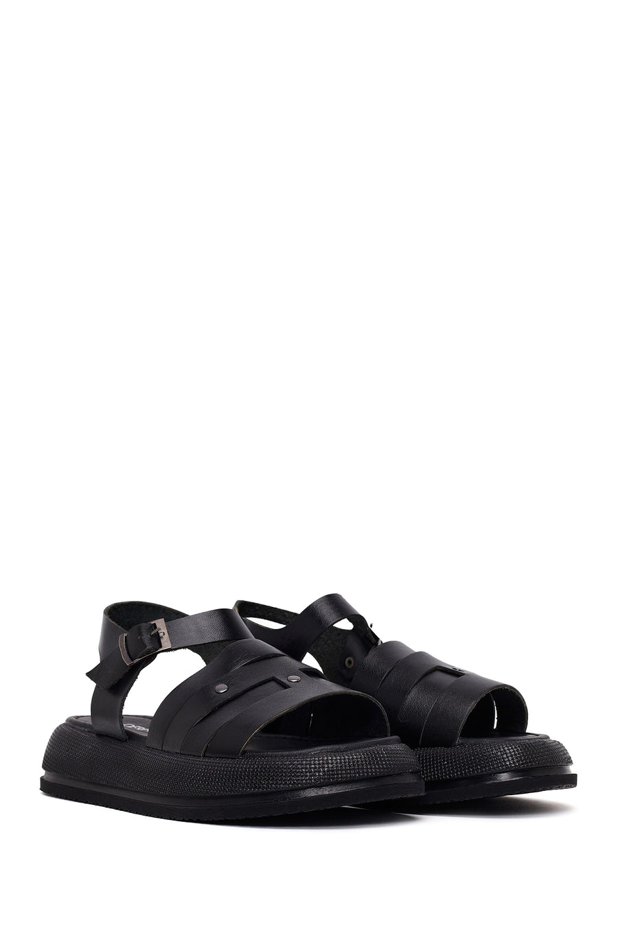 Woman Black Buckled Thick-Soled Leather Sandal