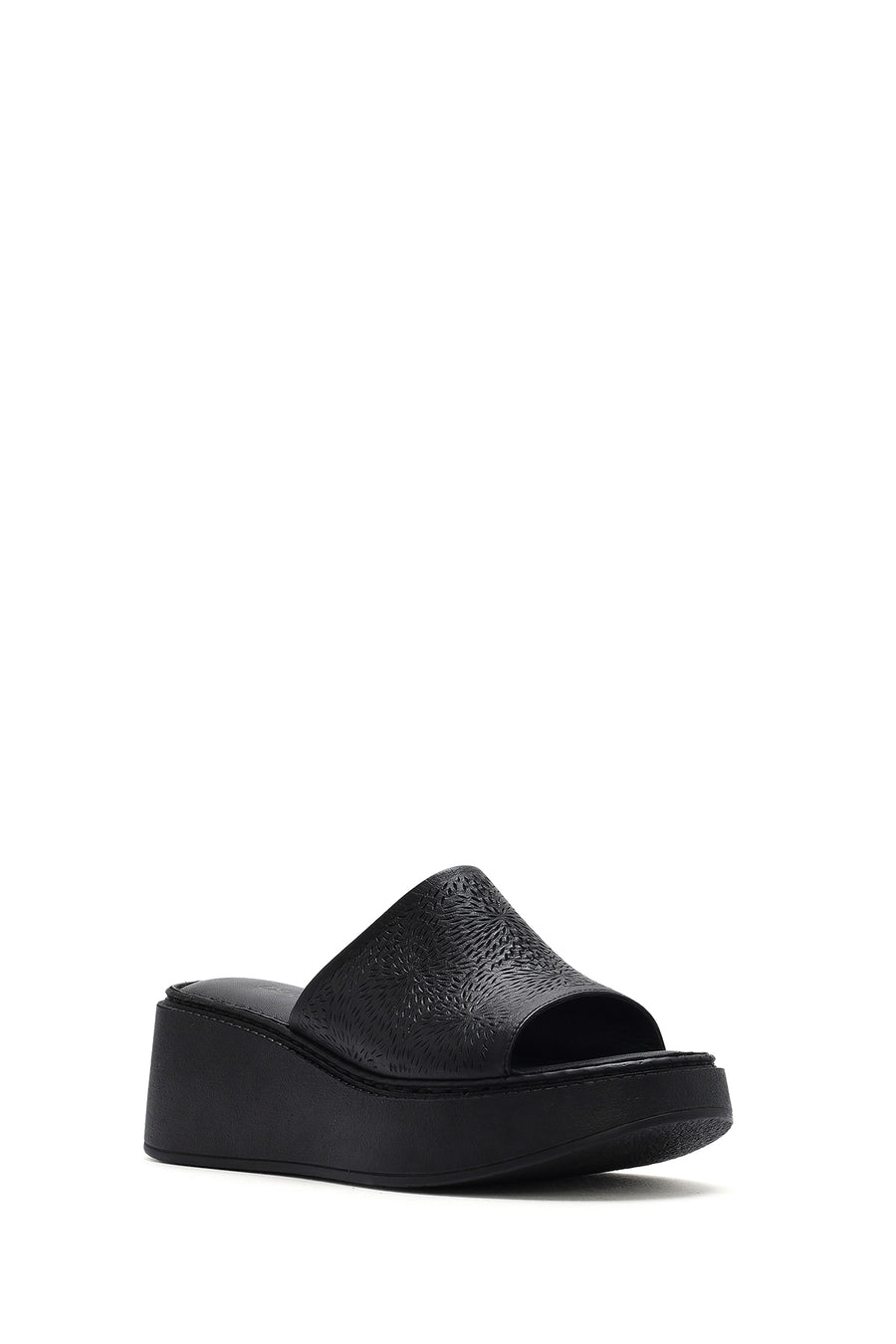 Women's Black Thick Soled Printed Leather Comfort Slippers