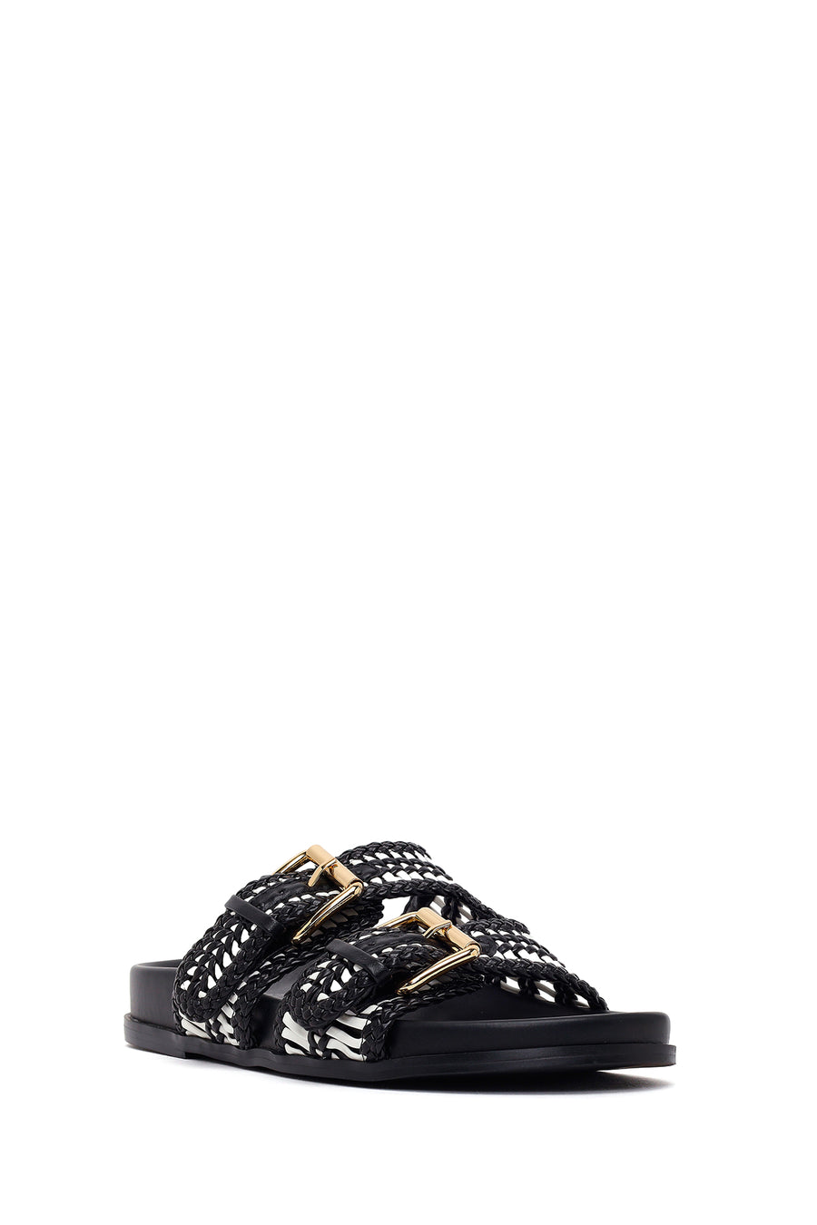 Woman Black Double-Buckle Braided Slipper