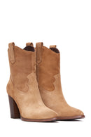 Women's Tan Suede Leather Cowboy Heeled Boots | Derimod